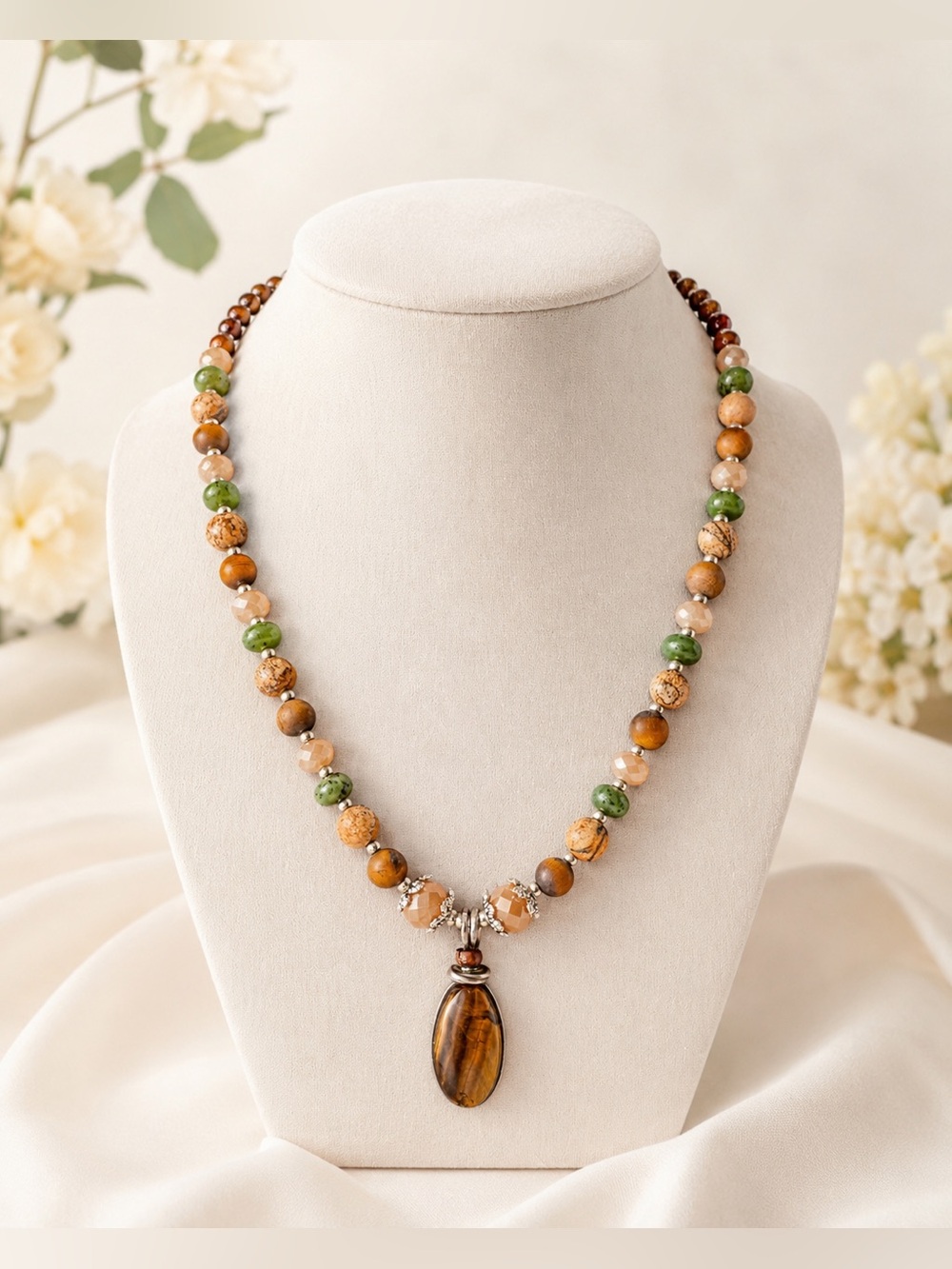 Hand Crafted Autumn Earth Tiger's Eye & Jade Gemstone SS Necklace NWT ~21-22”